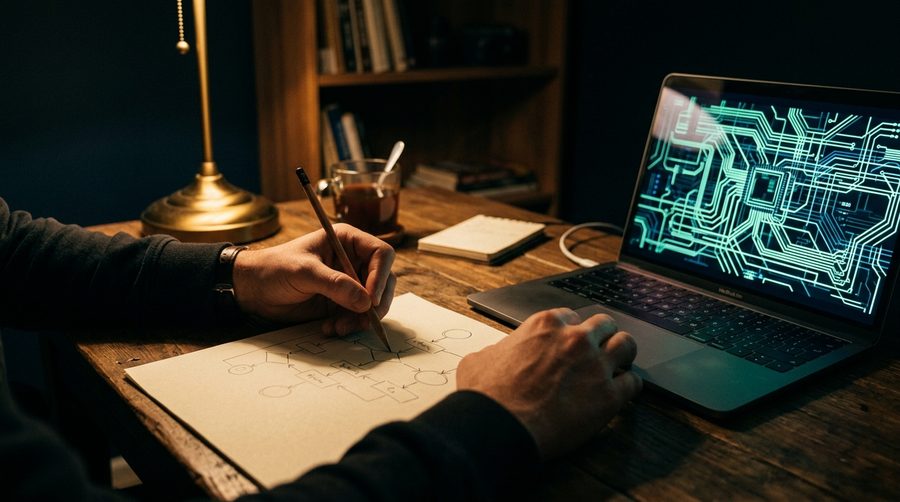 Tangan menggambar diagram alur di atas kertas dengan pensil di sebelah laptop meredup dengan pantulan hijau mint di ruangan biru gelap
