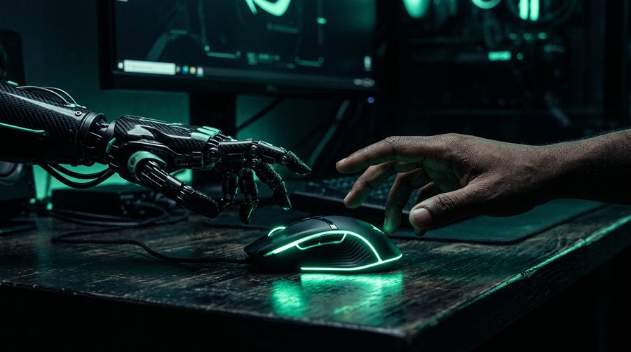 Tangan robotik dan tangan manusia sama-sama meraih satu tetikus komputer menyala di meja gelap dengan cahaya rim hijau mint